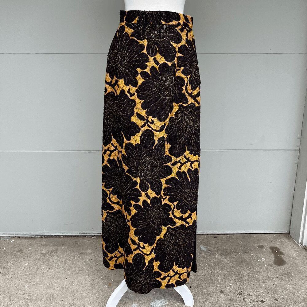 VTG 70s Jacquard Floral Maxi Skirt Union Made Bold Yellow Black Sustainable M 6–